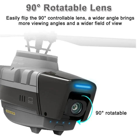 Close-up of RC Helicopter With Wide Angle Camera For Beginners 2.4G 4CH Easy No Fuss One Button Takeoff showing 90° rotatable lens.