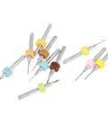 Pro Grade Tungsten Carbide Micro Drill Bits Set for PCB Circuit Boards, 10 Pack, various colored holders, spread on white background.