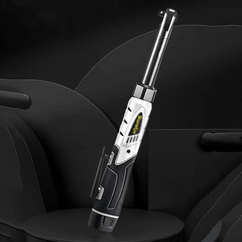 Compact Electric Ratchet Wrench With 90-degree Right Angle Long Neck Design For Tight Spaces Cordless Power Tool shown on a dark background.