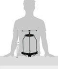 No Fuss Pipe Clamp With Instant Quick Release For V Head Jack Stands displayed on a workbench, 17 in tall, heavy duty steel design.