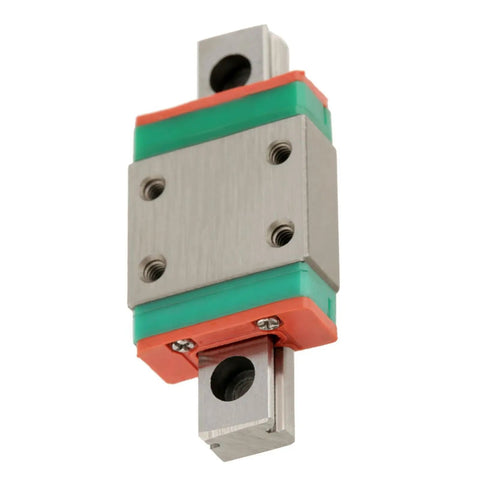 Solid Miniature Linear Rail Kit 40mm By 7mm With Dead Smooth Ball Bearing Action Self Aligning Carriage part showing green and orange housing.