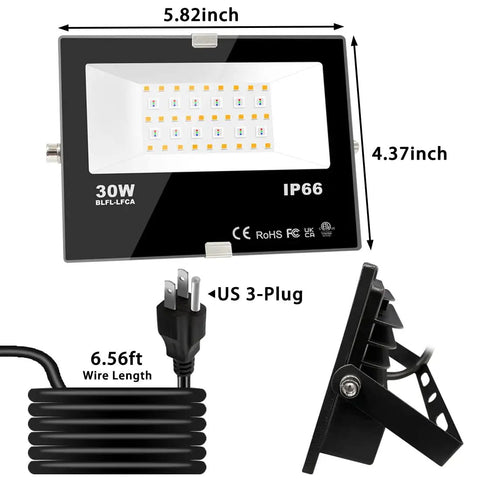 Slick Smart Bluetooth LED Flood Light Outdoor And Indoor 30 Watt Equivalent To 300 Watts RGB Color Changing Landscape Bulb with dimensions and features.