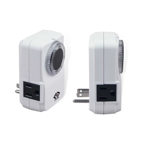 2 Pack Indoor 24 Hour Daily Repeat Timer With Two Grounded Outlets And No Sweat Plug And Play Setting For Home Lighting Small Appliances Holiday Decor Plus Laid Back Daily Automation Featuring A Solid 15 Amp Ul Rated Build, showing side and front views.