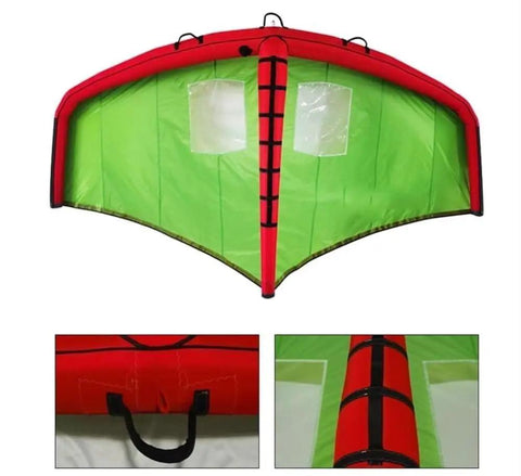 Inflatable Wing Foil For Water Sports With Handheld Surf Wing in red and green with clear windows and reinforced edges