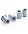 Thirty Pack Hex Head Galvanized Carbon Steel Through Hole Rivet Nut Columns Deep Knurled Threads shown in close-up view.