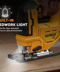 Badass Brushless Cordless Jigsaw Delivers Knockout 2900 Rpm With Three Orbital Settings And Zero To Forty Five Degree Bevel Cuts Featuring Twelve Versatile Blades Paired With One Solid 20V Battery Pack; jigsaw with built-in LED light for precise cuts.