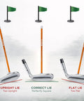Magnetic Golf Alignment Rods for Instant Swing Feedback on iron heads showing upright, flat, and square lie angles, orange.