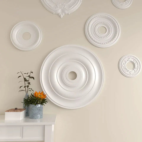 Jefferson Ceiling Medallion Perfect For Adding Gorgeous Architectural Detail To Your Ceiling This Factory Primed Piece Features A Twenty Six Inch Outer Diameter Fits Canopies Up To Five Inches For Quick And Easy Diy Install displayed on wall