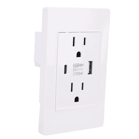 Modern Heavy 15 Amp Wall Receptacle Featuring Legit Dual Usb And Type C Power Nodes Built With Heat Shields Plus Durable Steel Frame For Dead Snappy Device Charging, white wall socket with USB and Type C ports.
