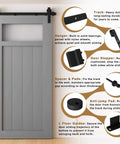 6.8FT Sliding Barn Door Hardware Kit with Upgraded Packaging for Single Doors, shown with components and installation features