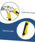 Close-up of ergonomic hand seamer tool for ductwork and metal panels with non slip handles for easy operation and reduced fatigue.