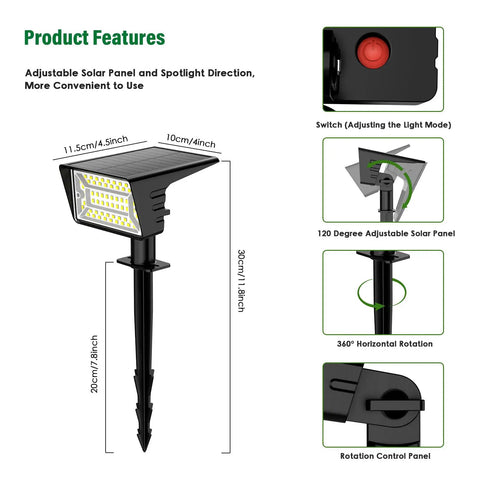 Four Pack Solar Spot Lights Outdoor With LED Auto On And Off Weatherproof IP68 features adjustable solar panel and spotlight direction.