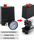 Heavy Duty Air Compressor Pressure Switch Kit With Adjustable Regulator And Dial Gauge Connector Bundle showing the pressure gauge and switch assembly.
