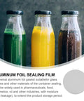 Aluminum Foil Sealing Gasket For Silver Plastic Metal Bottles, Non Toxic Tasteless Liner Keeps Dust Out Fresh And Sealed Perfect For Cosmetics Food Drinks Medicine, Super Easy To Use And Durable Cap Seal, shown on three glass bottles with colorful liquids.