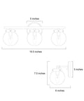 Diagram of hand painted vanity light fixtures with clear globe glass shades, 19.5 inches long, 6 inches wide, 7.5 inches high dimensions shown.