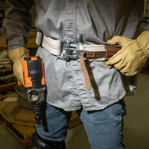 Person wearing Heavy Duty Tool Belt With Mildew Resistant Cotton Polyester Webbing And A Forged Quick Release Buckle For Fast Disengagement On The Job Medium Fits 30 To 44 Inch Waists Great For Ironworkers Framers Carpenters And Electricians