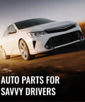White sedan driving on road with "Auto Parts for Savvy Drivers" text overlay.