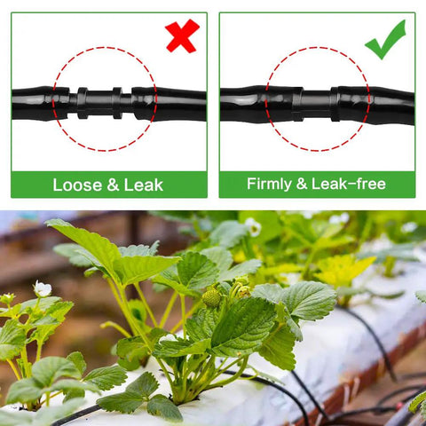 Illustration showing leak-free connection of Hundred Piece Drip Irrigation Barbed Couplings Set for One Quarter Inch Tubing in garden.