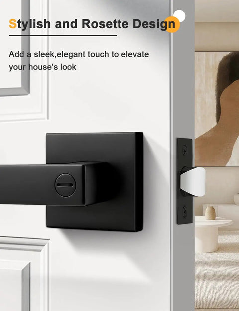 Six Pack Square Privacy Door Levers In Sleek Matte Black With No Fuss Keyless Interior Handles For Bedroom And Bath Doors Offering Straight Shot Thumb Turn And Reversible Fit For Any Handed Door Setup close-up on a stylish door handle.