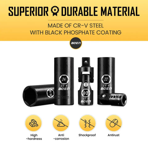 Beefy Half Inch Drive Deep Impact Socket Set 35 Piece SAE And Metric 8 To 24mm With Extensions, CRV Steel Detail View