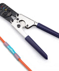 Professional Grade Ratcheting Wire Crimp Tool For Heat Shrink Butt Connectors And Sealed Terminals With Hella Strong Full Wrap Design, showing crimp detail with orange wire.