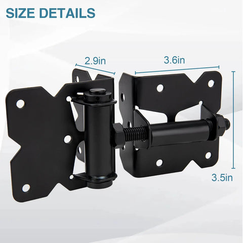 Heavy Duty Self Locking Gate Latch And Hinges Set Built Hella Tough For Vinyl Wood And Metal Fences showcasing size details, 2.9in and 3.5in measurements.