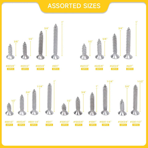 Assorted sizes of screws from 542 Piece Stainless Steel Screw Kit With Phillips Flat Head Screws In Sizes Four Through Twelve For Woodworking And Metal Projects Including Self Tapping Screws Made From 304 Stainless Steel For Home DIY