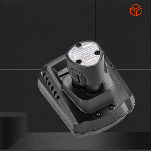 Compact Electric Ratchet Wrench With 90-degree Right Angle Long Neck Design For Tight Spaces Cordless Power Tool battery charger on black background.