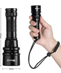 Hand holding Beast Mode 2000 Lumen Scuba Diving Flashlight With XM-L2 LED, showcasing its size and wrist strap.
