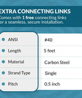Product details for 40 Roller Chain Five Feet With Free Connecting Link Carbon Steel One Half Inch Pitch 119 Links for bikes.