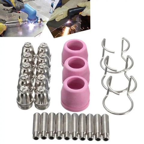 Essential Pl60 Plasma Cutter Torch Consumables Kit With Nozzles And Cups For Smoother Welding Airflow And Precise Spark Control On Small Projects, featuring steel nozzles and pink ceramic cups.
