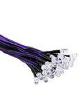 30 Pack 12 Volt 5MM UV LED Bulbs With Extended Prewired Cables And Solid Built In Resistors Clear Lenses close-up image of UV LED bulbs with wires