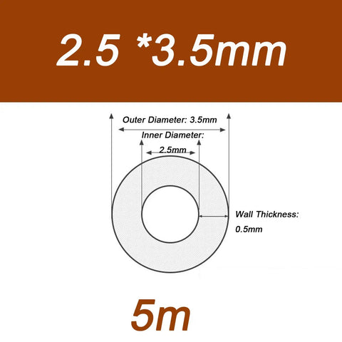 Diagram of PTFE Teflon Tube For Fluoropolymer Tubing That Goes Heavy Duty with dimensions: 2.5mm inner, 3.5mm outer diameter, 5m length.