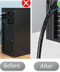 Before and after using Spiral Cable Wrap 1/2 Inch Black, 23 Ft Long Wire Organizer for clean and protected cable setup.