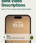 Smartphone screen showing Blink alert notification feature of a dog in the yard, part of an AI plan subscription.