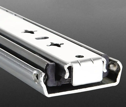 Genuine Heavy Duty Drawer Runners With Full Extension Ball Bearing Slides 10 Pair close-up of a steel slide showcasing its smooth glide design.