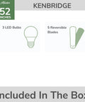 Package contents for 52 Inch Indoor Ceiling Fan With LED Light White Flush Mount Hugger Design including 3 LED bulbs and 5 blades.