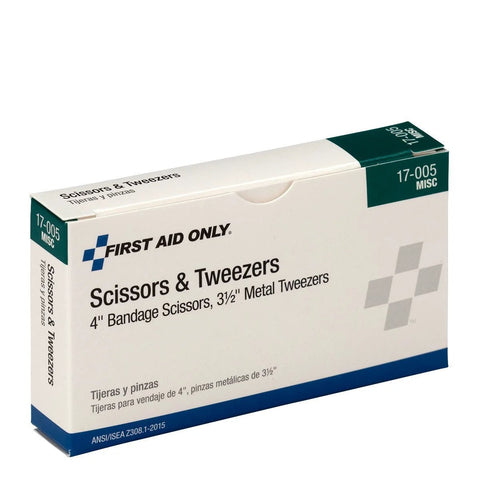 First Aid Only Scissors & Tweezers box with 4-inch bandage scissors and 3.5-inch metal tweezers.