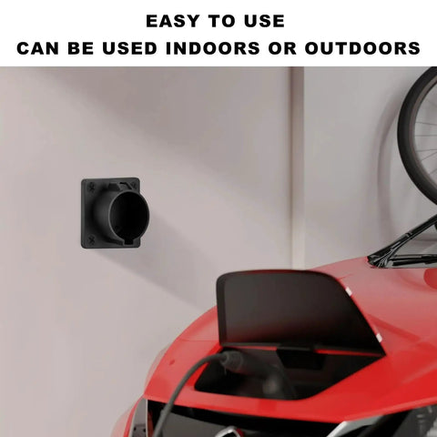 EV Charger Holder Wall Mount For SAE J1772 Connector installed indoors beside a red car, showing easy use.