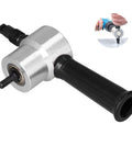 Double Head Metal Cutter Nibbler Electric Drill Attachment for cutting thin metals with black handle and silver head.