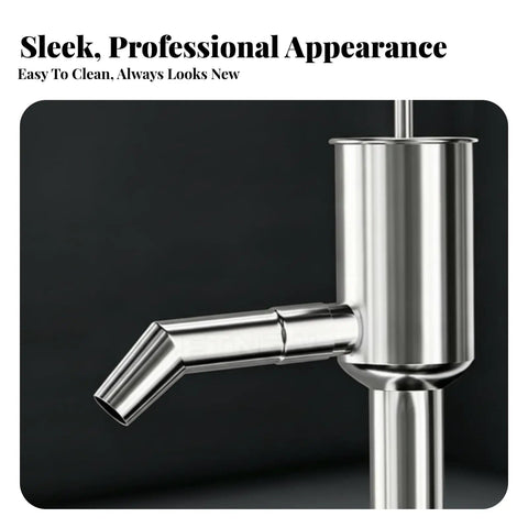 304 Stainless Steel Manual Drum Pump Hand Operated Oil Extractor Transfer With Side Outlet For Clean Focused Extraction From Barrels And Tanks In Farm Sheds Or Machinery Barns Bowl Shape Design, close-up view of outlet.