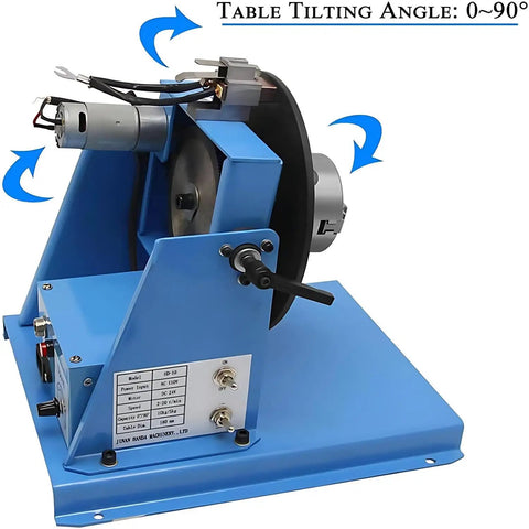 Rock Solid Rotary Welding Positioner With Adjustable Speed And 180 Mm Turntable, showing adjustable tilt from zero to ninety degrees.