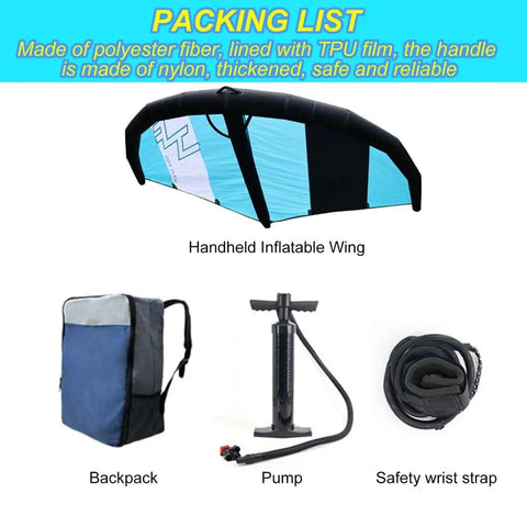 Handheld Inflatable Hydrofoil Wing Kite For Wind Foiling 5 Square Meters With Window Design shown with backpack, pump, wrist strap