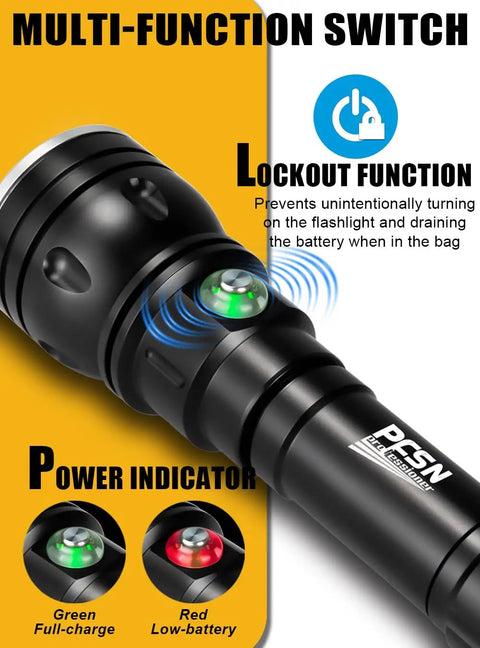 Yellow Underwater Dive Light For Scuba And Spearfishing With Beast Bright 3000 Lumen Waterproof Flashlight, power buttons