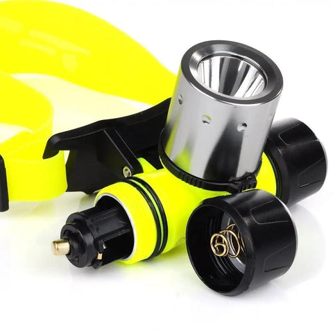 Beastly Bright 1800 Lumen Diving Headlamp with aluminum alloy head, fluorescence ABS body, showing magnetic switch and battery compartment