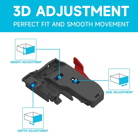 3D adjustment mechanism for Pro Grade Six Pair 16 Inch Undermount Drawer Slides Soft Close Full Extension Heavy Duty Steel.