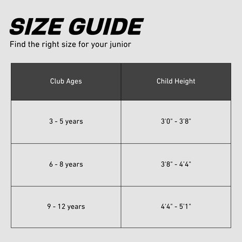 Size guide for Kid Friendly Junior Golf Set For Ages 9 To 12 With Driver Irons Putter Bag Pink showing age and height ranges.