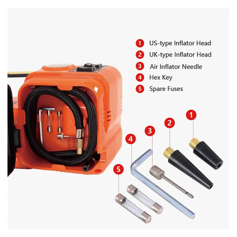 Rock Solid Electric Car Jack Kit components showing US and UK inflator heads, air inflator needle, hex key, and spare fuses.