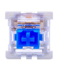 Close-up of Blue 3 Pin Clicky Tactile Mechanical Keyboard Switch with dustproof design, Cherry MX compatible, RGB ready.