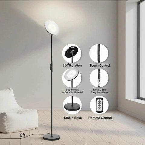 Sky LED Modern Torchiere Floor Lamp With Remote And Touch Control, 69in black pole light in living room, 350° rotation